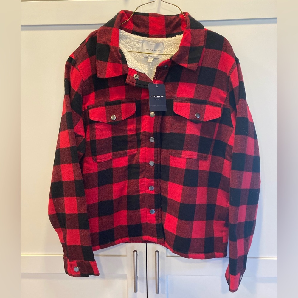 NWT Lucky Brand red & black, fleece lined jacket with pockets & button up front